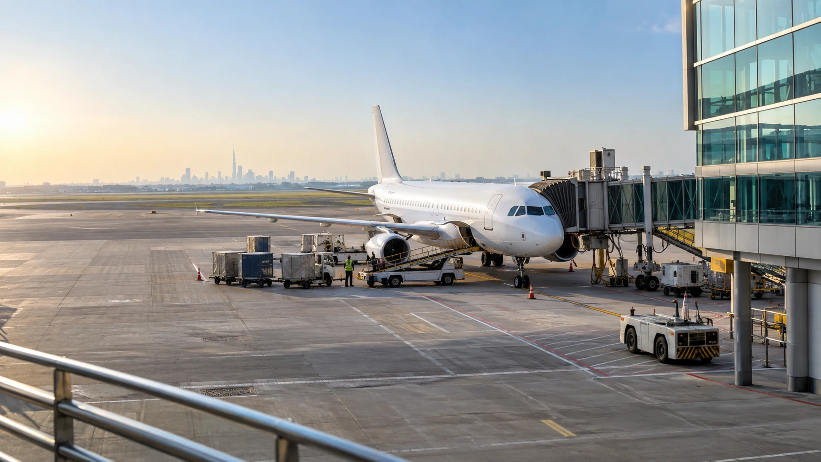 Passenger aircraft parked beside an airport terminal and jet bridge