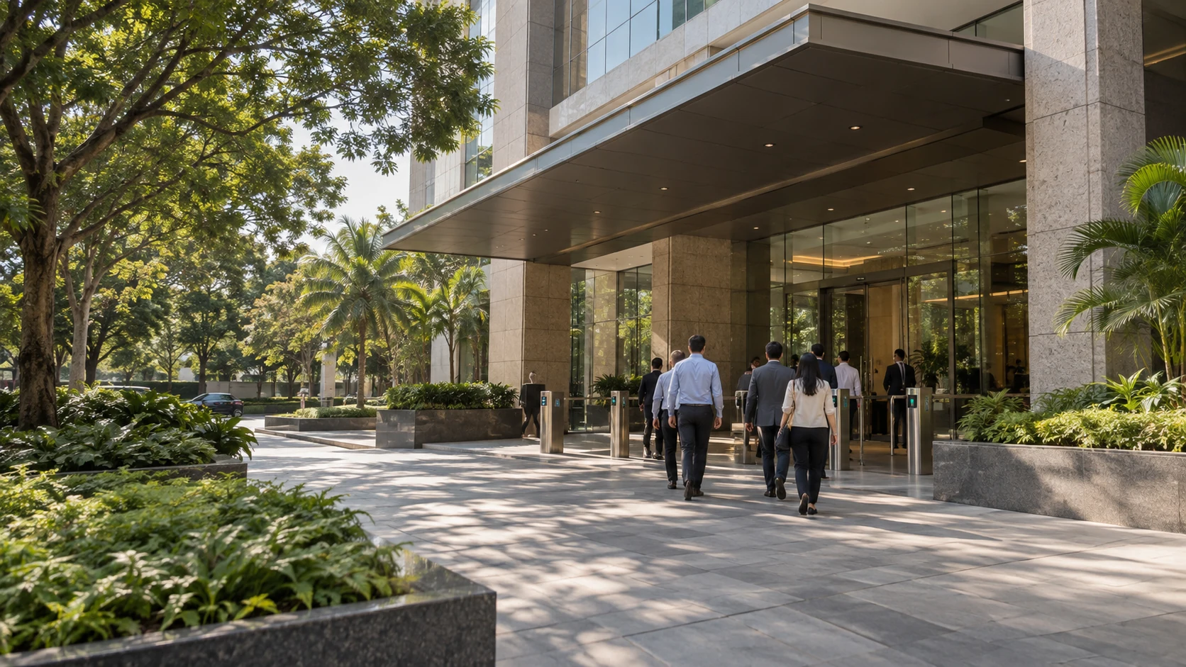 Indian office professionals entering a landscaped corporate campus
