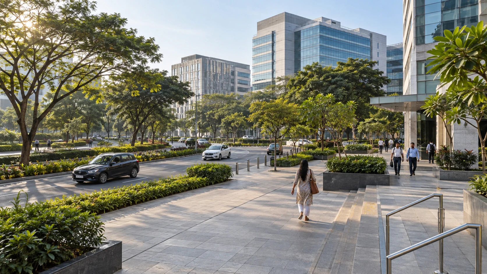 Pedestrians and Indian cars along a landscaped urban business district
