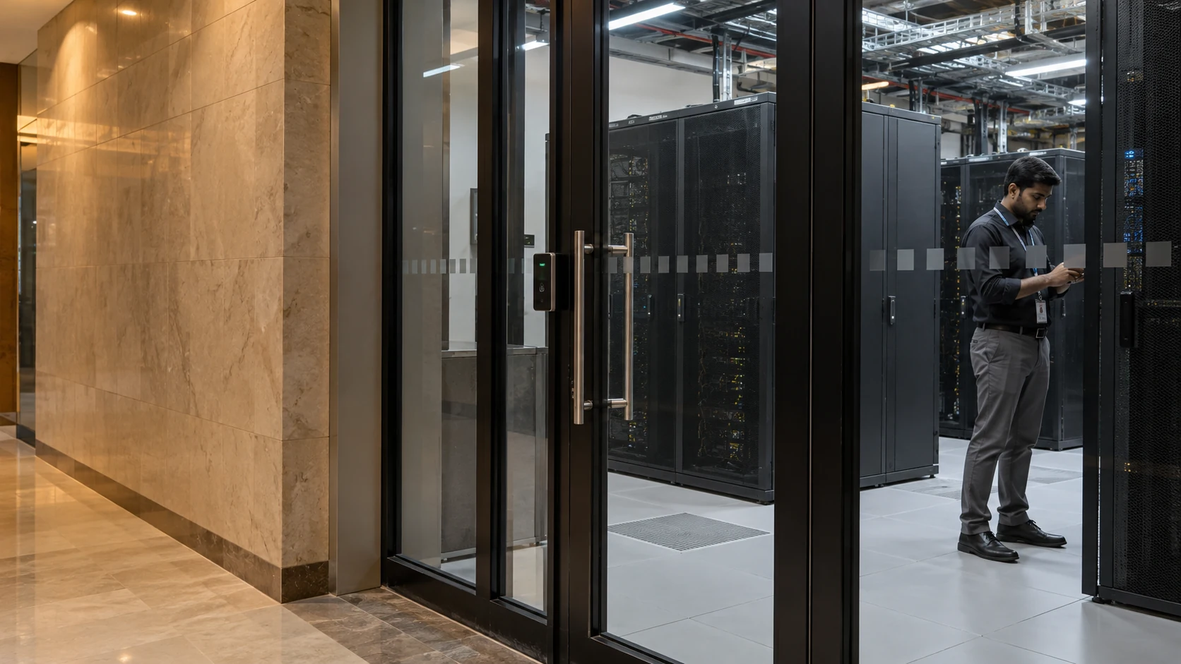 Engineer inside an access-controlled enterprise data centre
