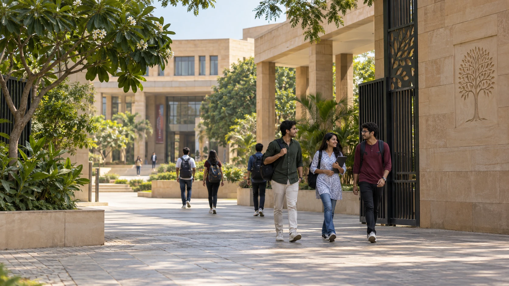 Adult students walking through an Indian university courtyard