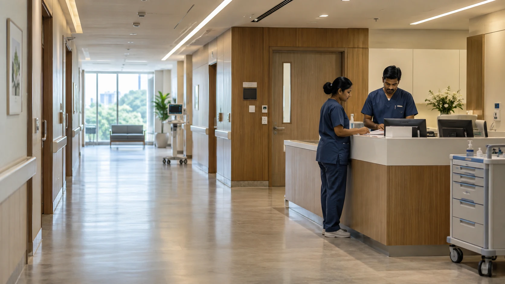 Clinical staff at a modern Indian hospital nurses station