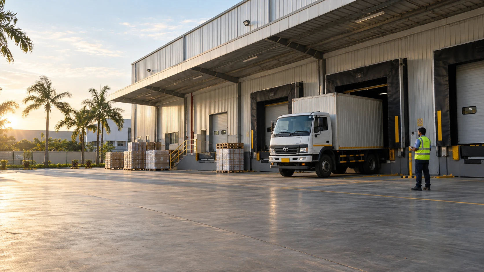 Indian Tata cargo truck at a clean distribution centre loading bay