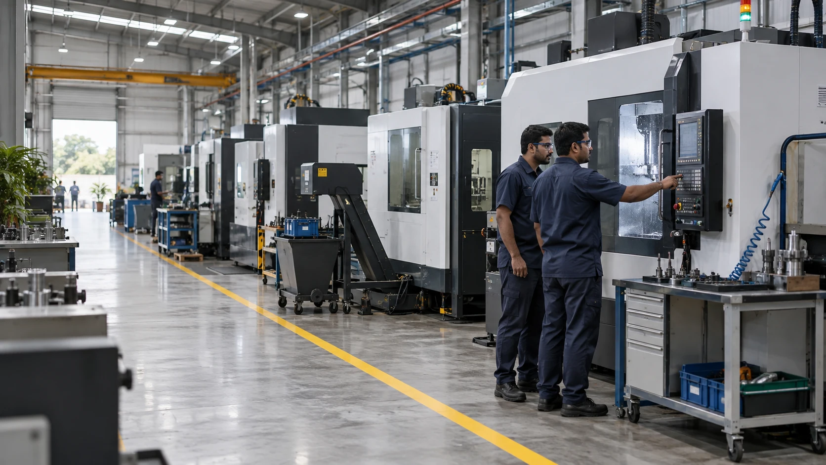 Technicians working beside enclosed machines in a modern Indian factory