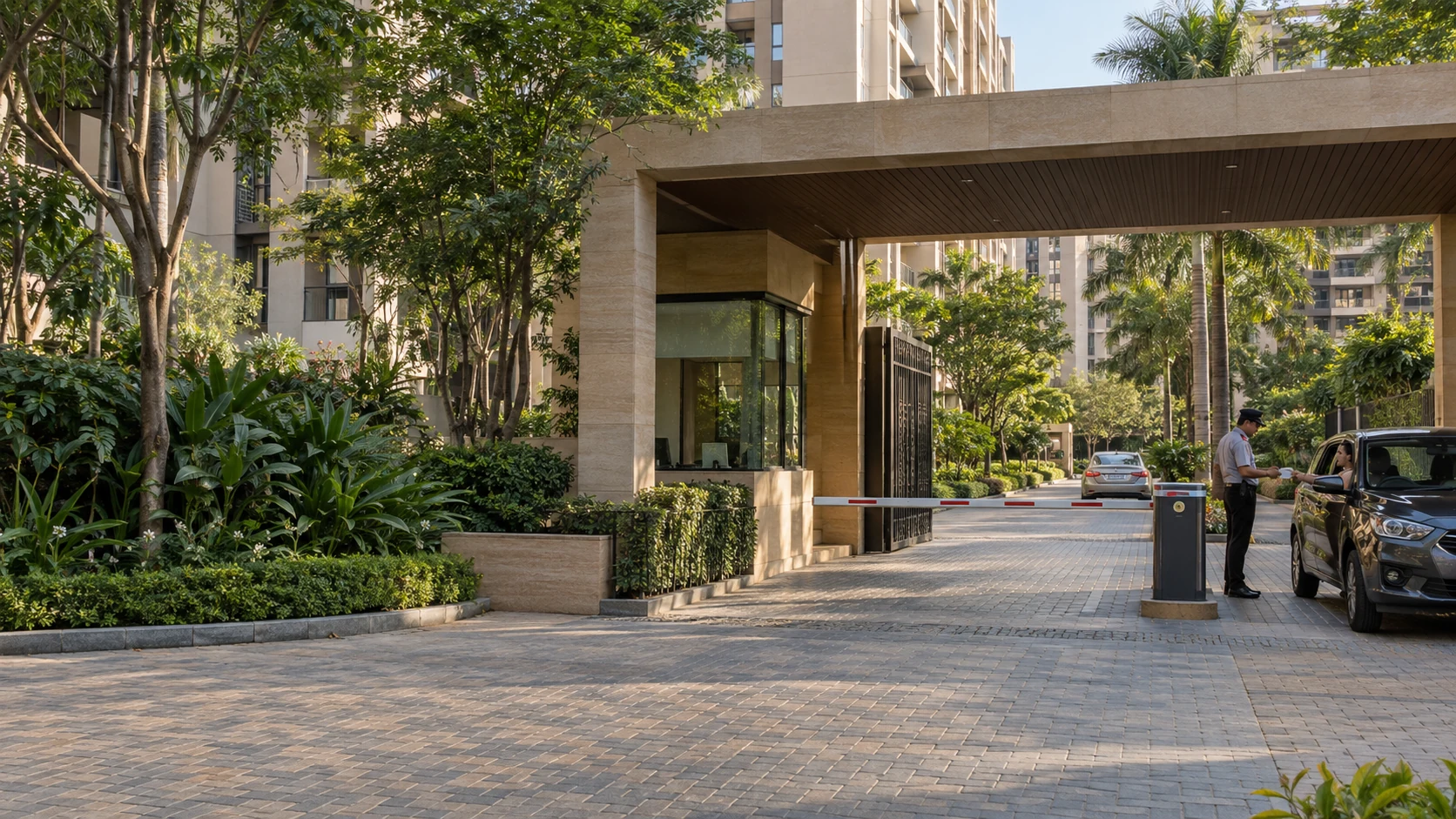 Guard checking a visitor at a landscaped Indian residential community entrance