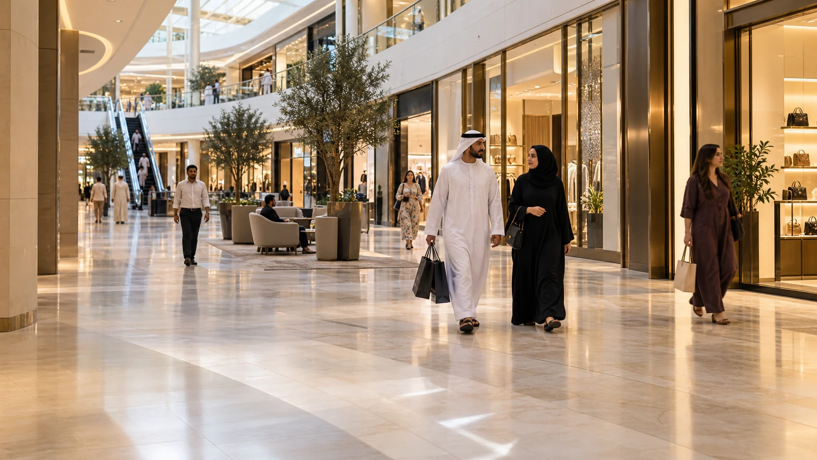 Shoppers walking through a contemporary Dubai mall