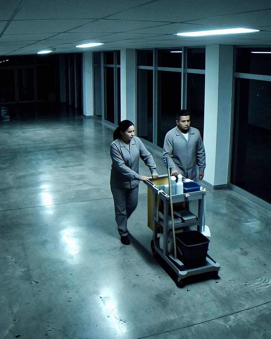 Two cleaning staff with a trolley in the same campus corridor at night.