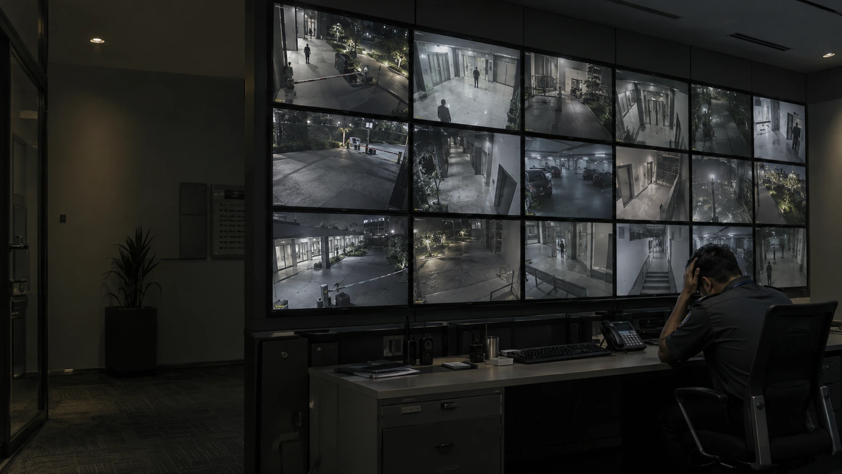 A wall of security camera feeds towers over a seated operator resting his head in his hands.